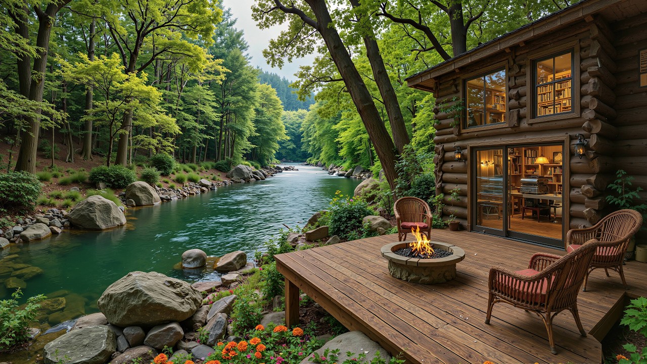 Cozy Spring Lakeside Cabin 🌿🔥Crackling Fire, Piano Music & Nature Sounds for Relaxation