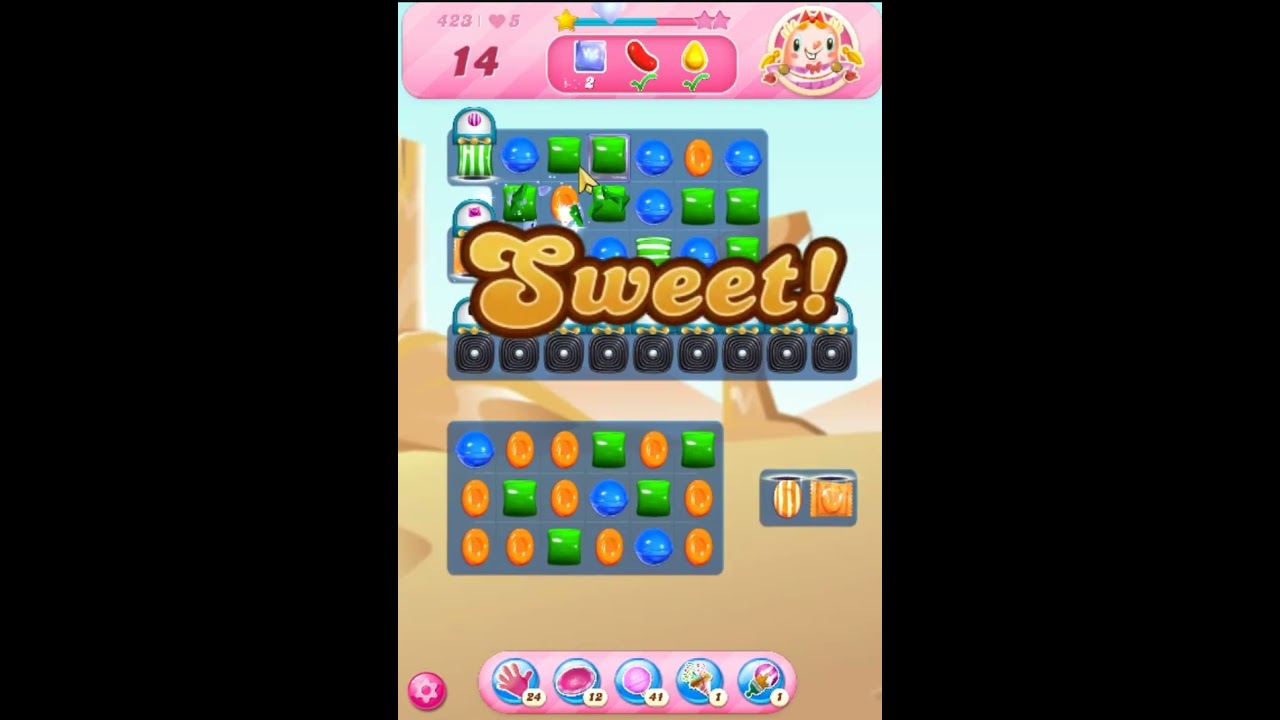 Candy Crush Saga Level 423 - 3 Stars,  5 Moves Completed