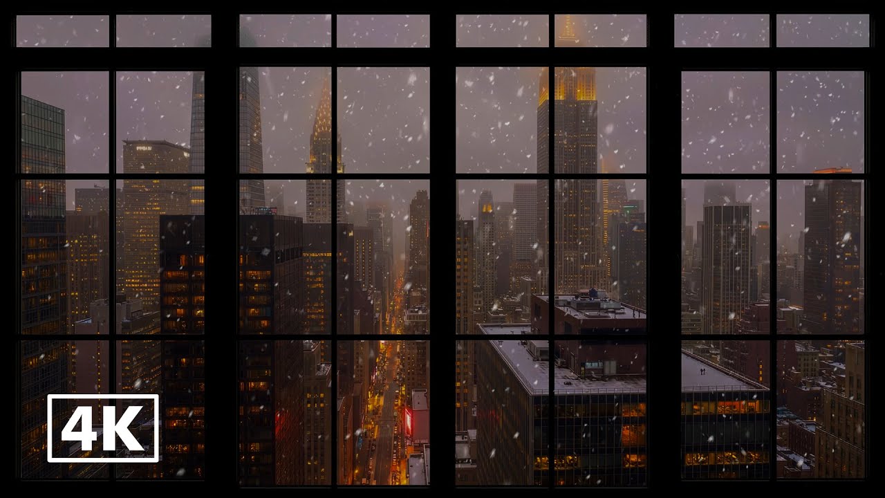 Snowy NYC Window View in 4K ❄️ Wind Sounds, Calm City Vibes & Gentle Snowfall for Sleep & Relaxation