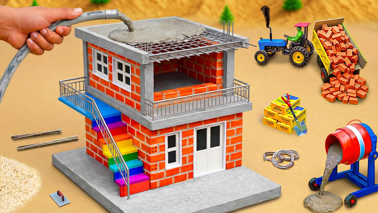 Creative DIY Mini Tractor Building a 2-Story Brick House with Metal Railing | Science Project