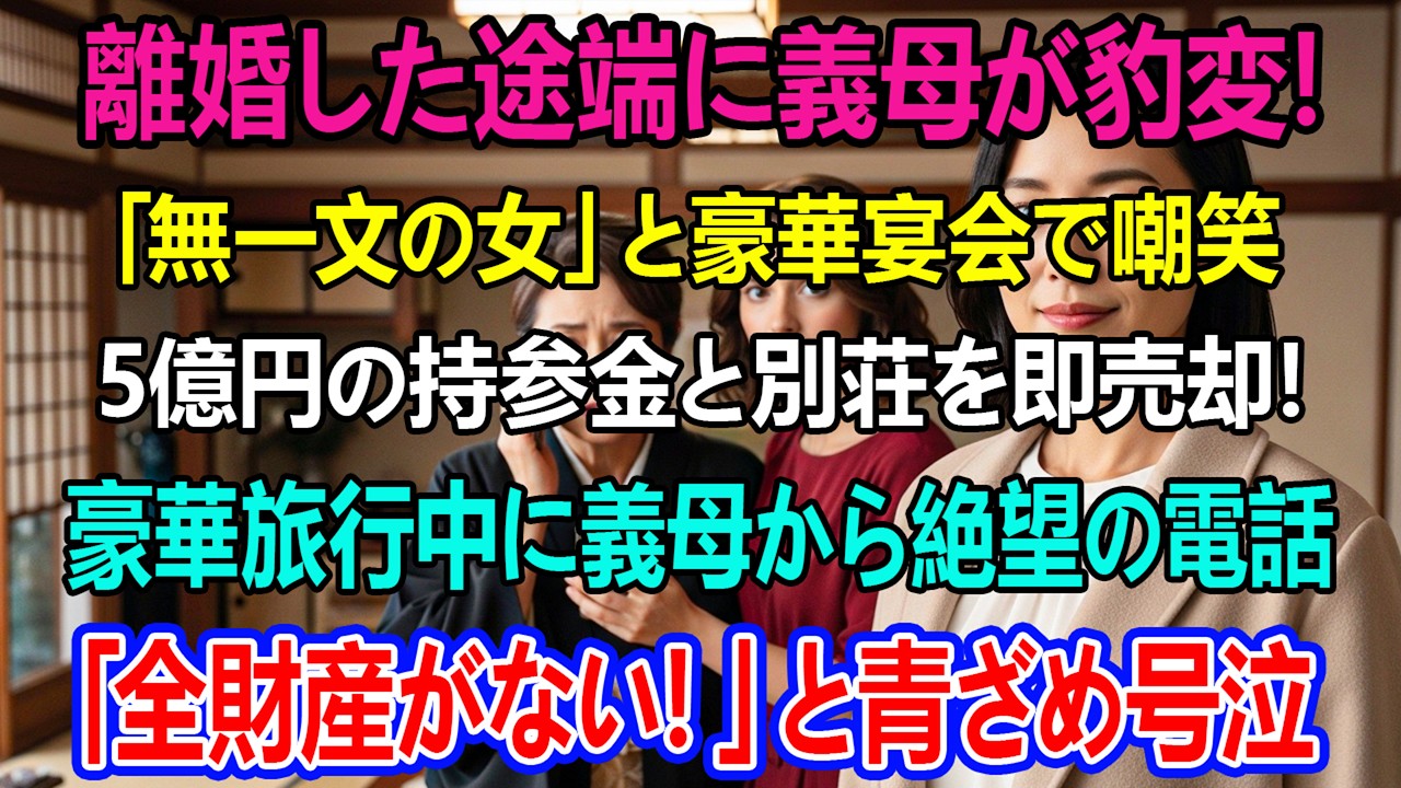 離婚届を出した途端、義母は数百万円の宴で新しい嫁を自慢し「あなたは無一文」と嘲笑。私は5億円の持参金と別荘を売って旅行へ。帰宅した義母は青ざめて私に電話してきた。