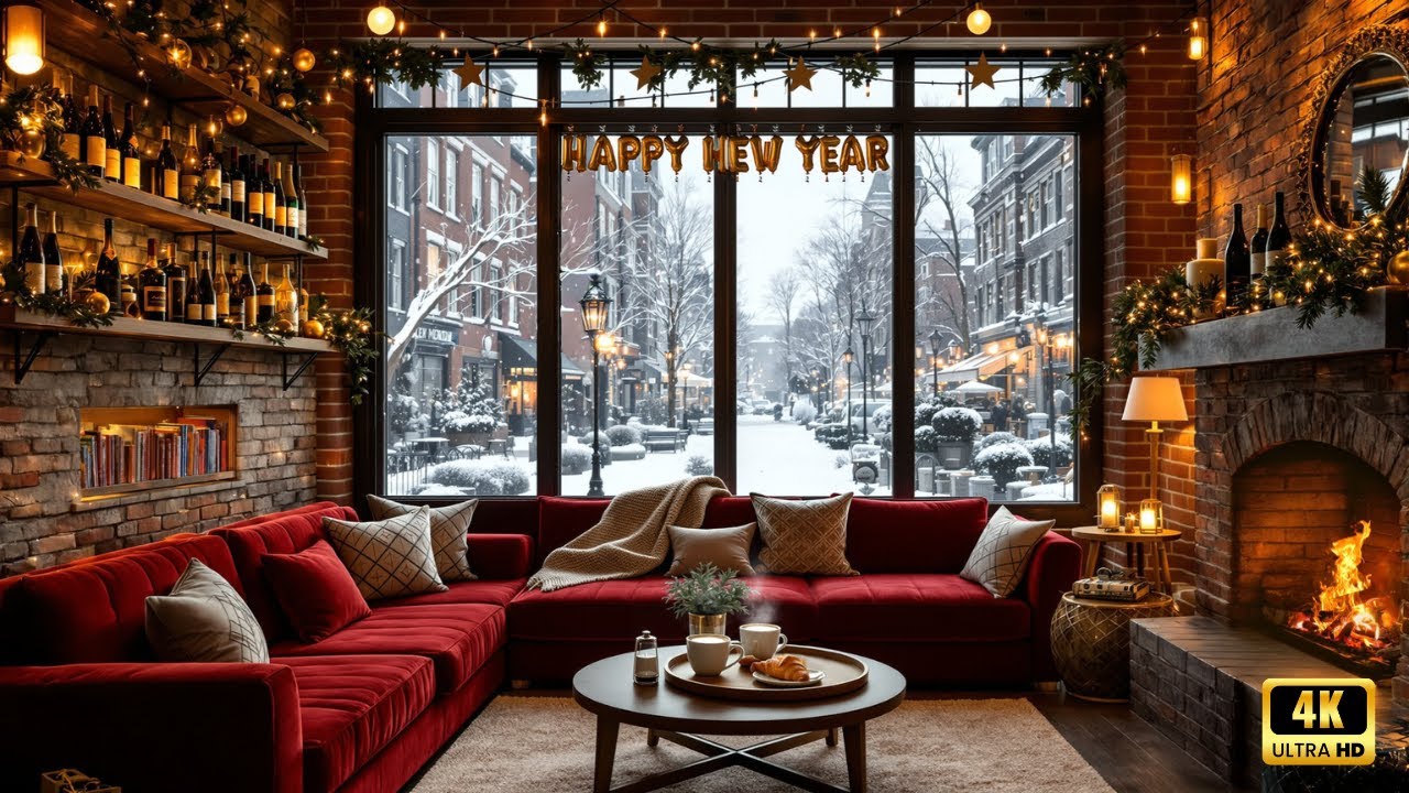 Cozy Winter Coffee Shop with New Year's Ambience 🧣 🎉 Soft Jazz Relaxing Music & Warm Fireplace