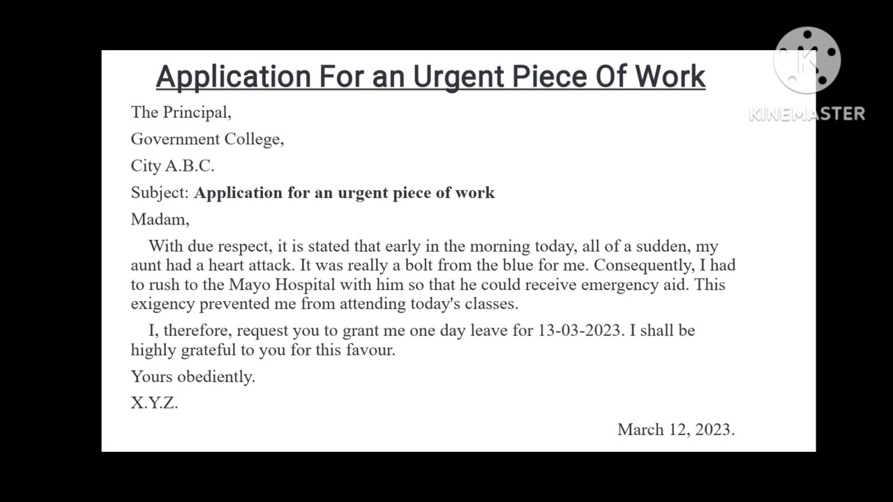 Urgent leave to Principal in English/ Application for urgent piece of work at home