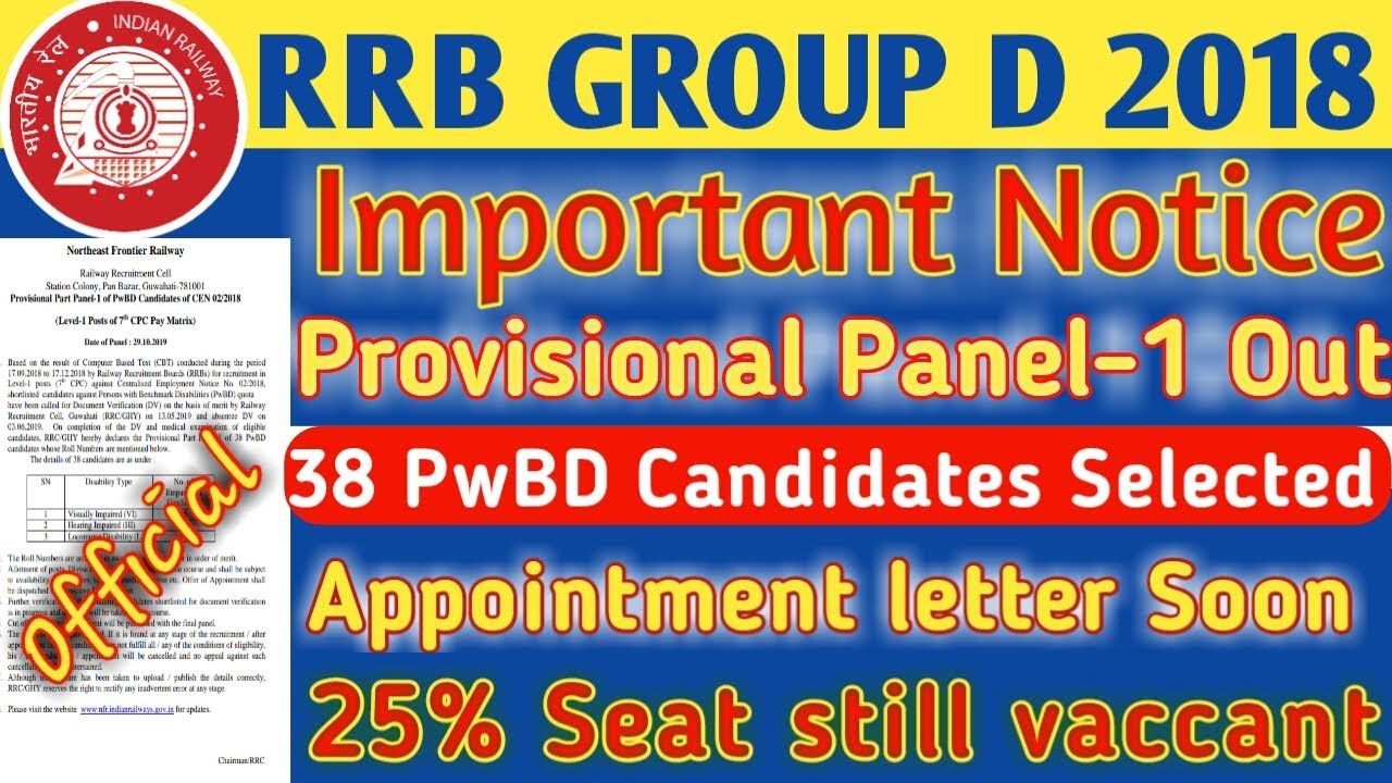 RRB GROUP D PROVISIONAL PANEL-1 OUT /38 CANDIDATES SELECTED//