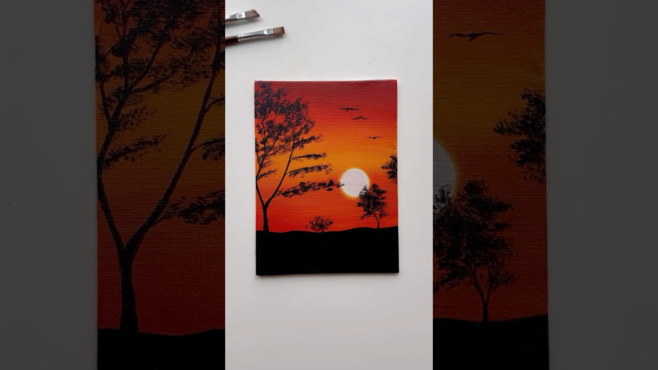 Golden Hour Serenity &ndash; Minimalist Sunset Tree Landscape 🌅🌳 #shorts #landscapepainting #goldenhour