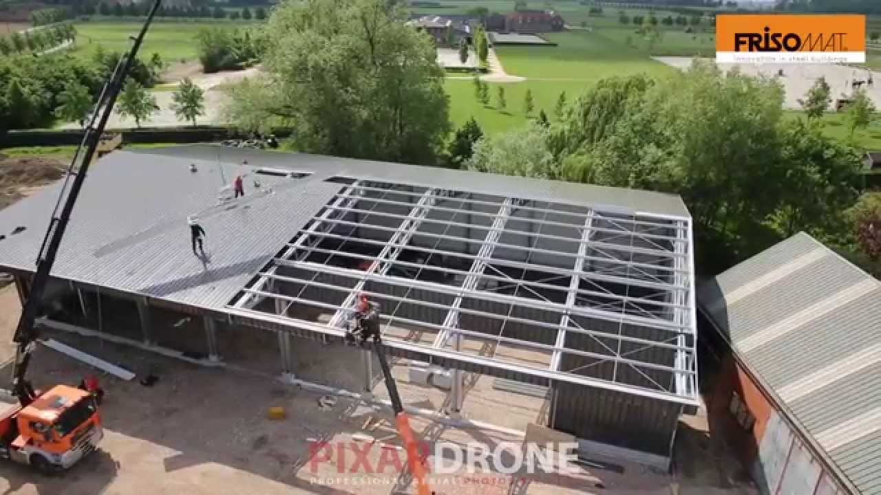 A steel industrial building Construction by an aerial drone - Frisomat