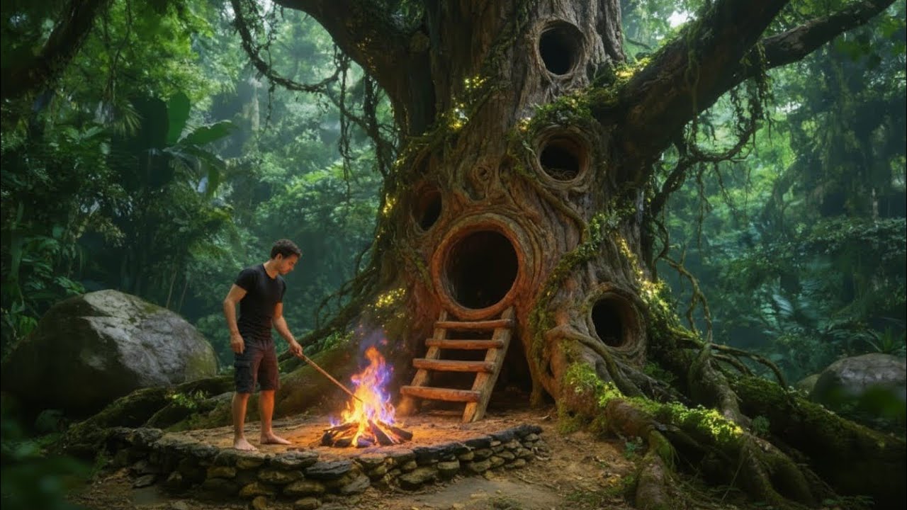 “I Built a Secret Treehouse Inside a Hollow Tree | Hidden Forest Shelter ASMR”