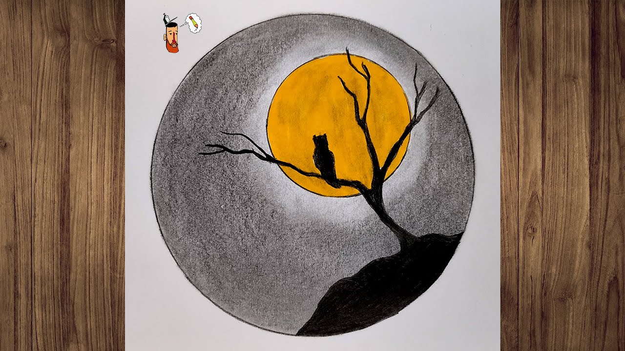 COMO DESENHAR UM LINDO CENÁRIO DE LUA CHEIA | DESENHOS FÁCEIS PASSO A PASSO PARA INICIANTES
