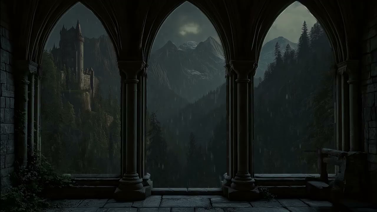4K Gothic Castle Window Rain at Night in Medieval Fortress – Insomnia, Tinnitus & Sleep Therapy