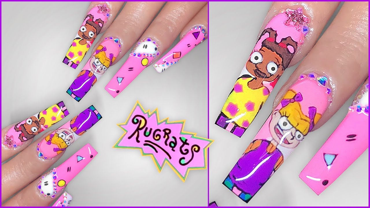 RUGRATS Nails! Hand Painted Gel Art 👯‍♀️💗Susie & Angelica 90s Nostalgia