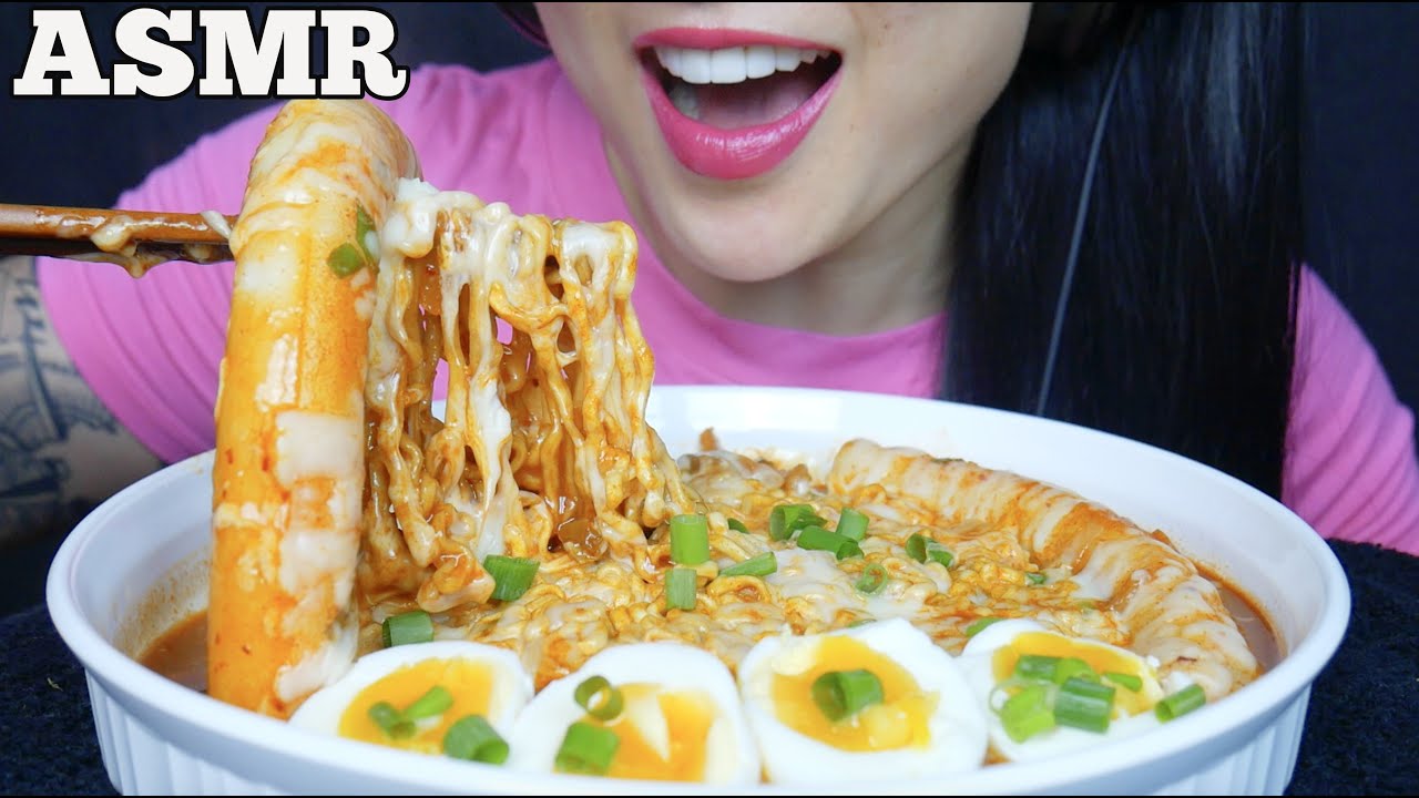 ASMR CHEESY SPICY NOODLES GIANT RICE CAKE (EATING SOUNDS) NO TALKING | SAS-ASMR