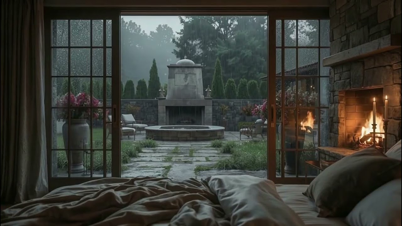 Silk Night Bedroom | Rainy Night & Fireplace | Focus & Relax (8 Hours)