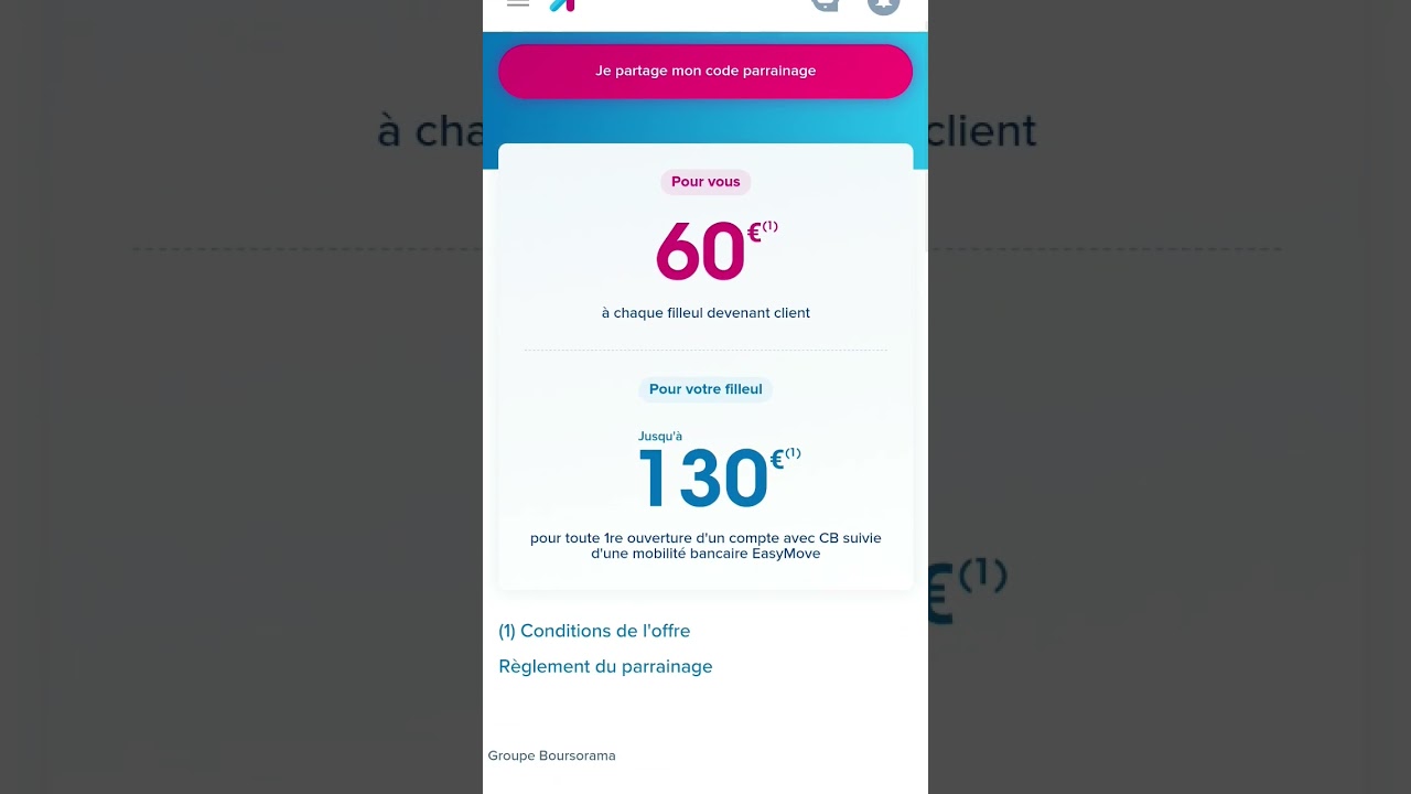 code de parrainage boursorama+130&euro; offert a l'ouverture d'un compte.Code: MAJA6566