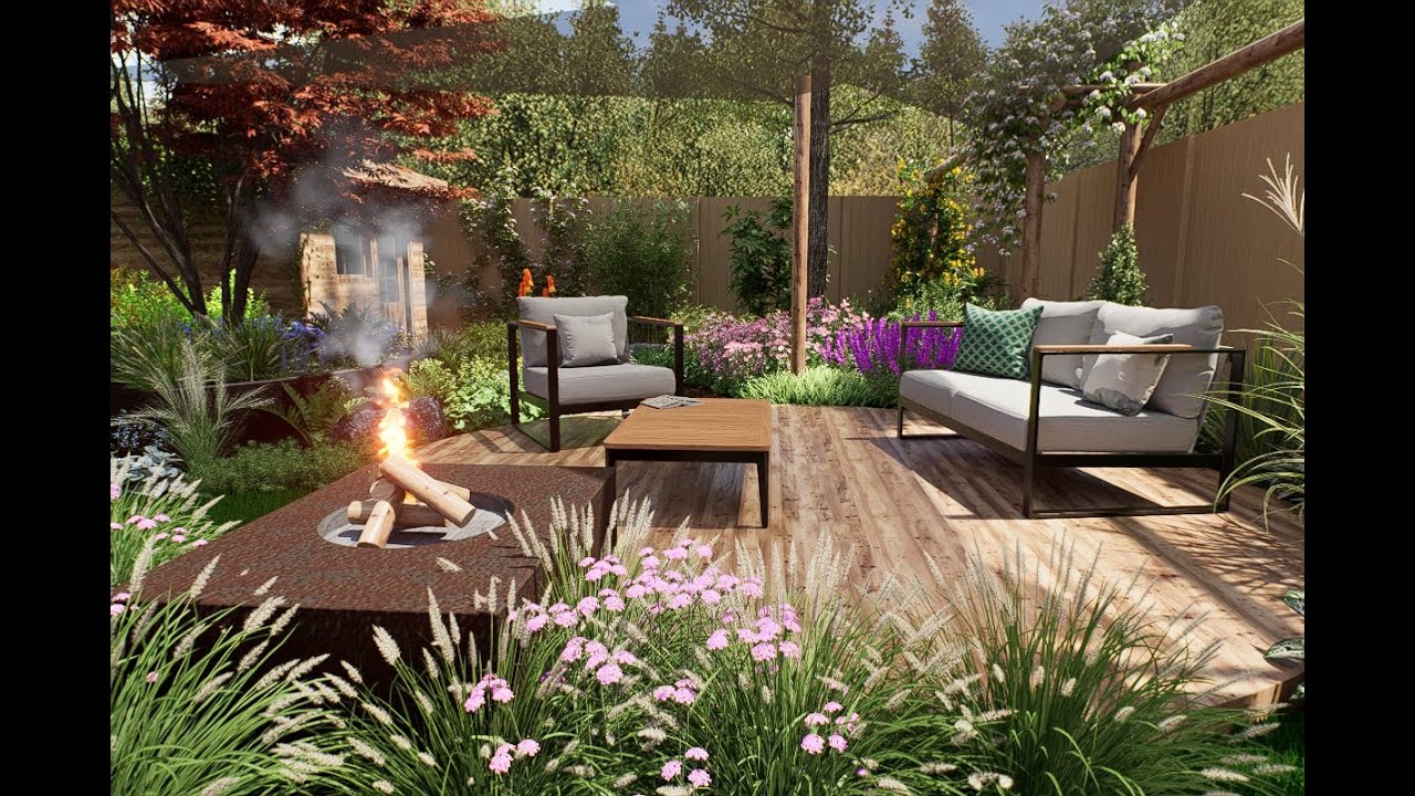 3D tuinontwerp voor twee onder een kap woning