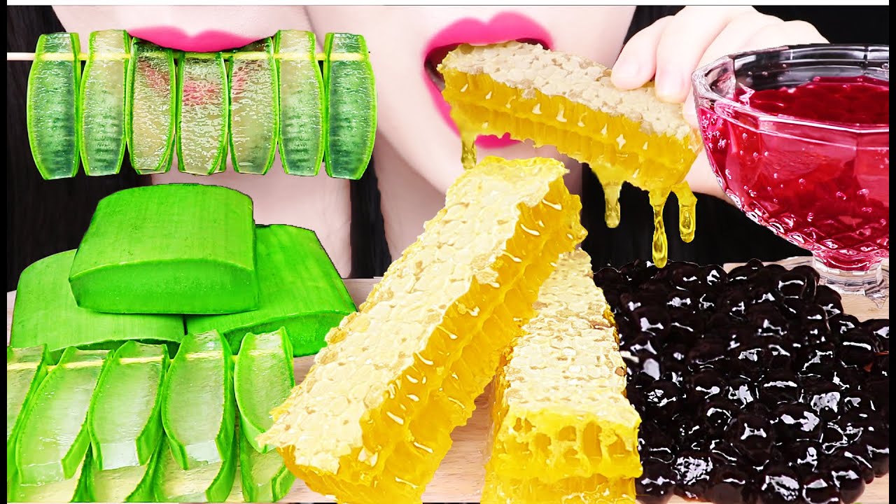 ASMR *ALOE VERA, HONEYCOMB, BOBA TAPIOCA PEARLS 알로에, 벌집꿀, 타피오카펄 먹방 EATING SOUNDS (NO TALKING)