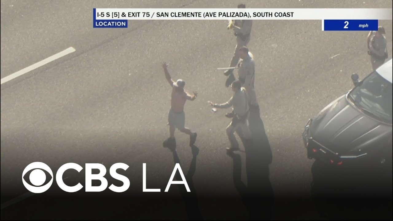 Pursuit suspect rips off his shirt while surrendering to police in Orange County