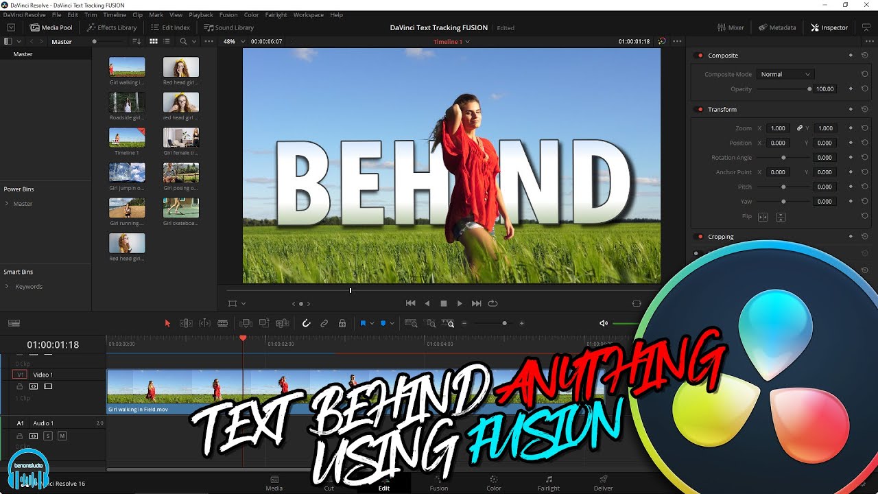 DaVinci Resolve - TEXT BEHIND OBJECT (Still or Moving) [ADVANCED Fusion]