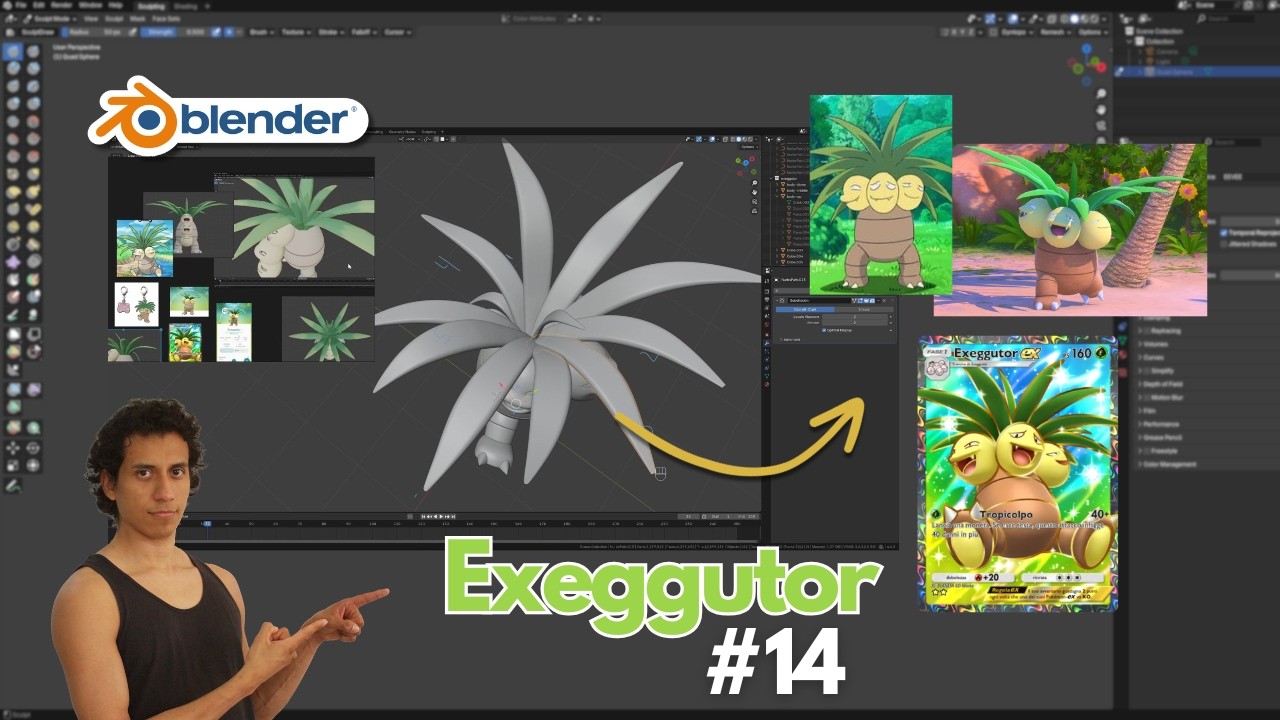 (Day 14) Blender Sculpting: Exeggutor (Pokémon) - Leaves completed