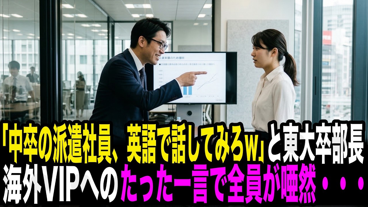 「中卒の派遣社員、英語で話してみろよw」とバカにする東大卒エリート上司。20歳の派遣女性社員が海外VIPに話しかけると全社員が騒然・・・！
