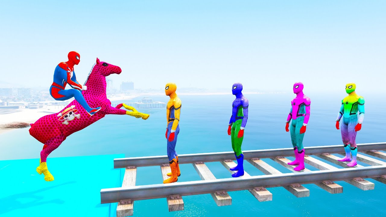 Spiderman by Quad Bike On Rainbow Spiders Bridge Cow And Horse Jumps episod 02