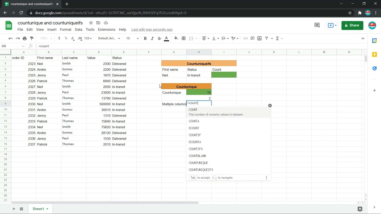 countunique and countuniqueifs in google sheets | logic greeky