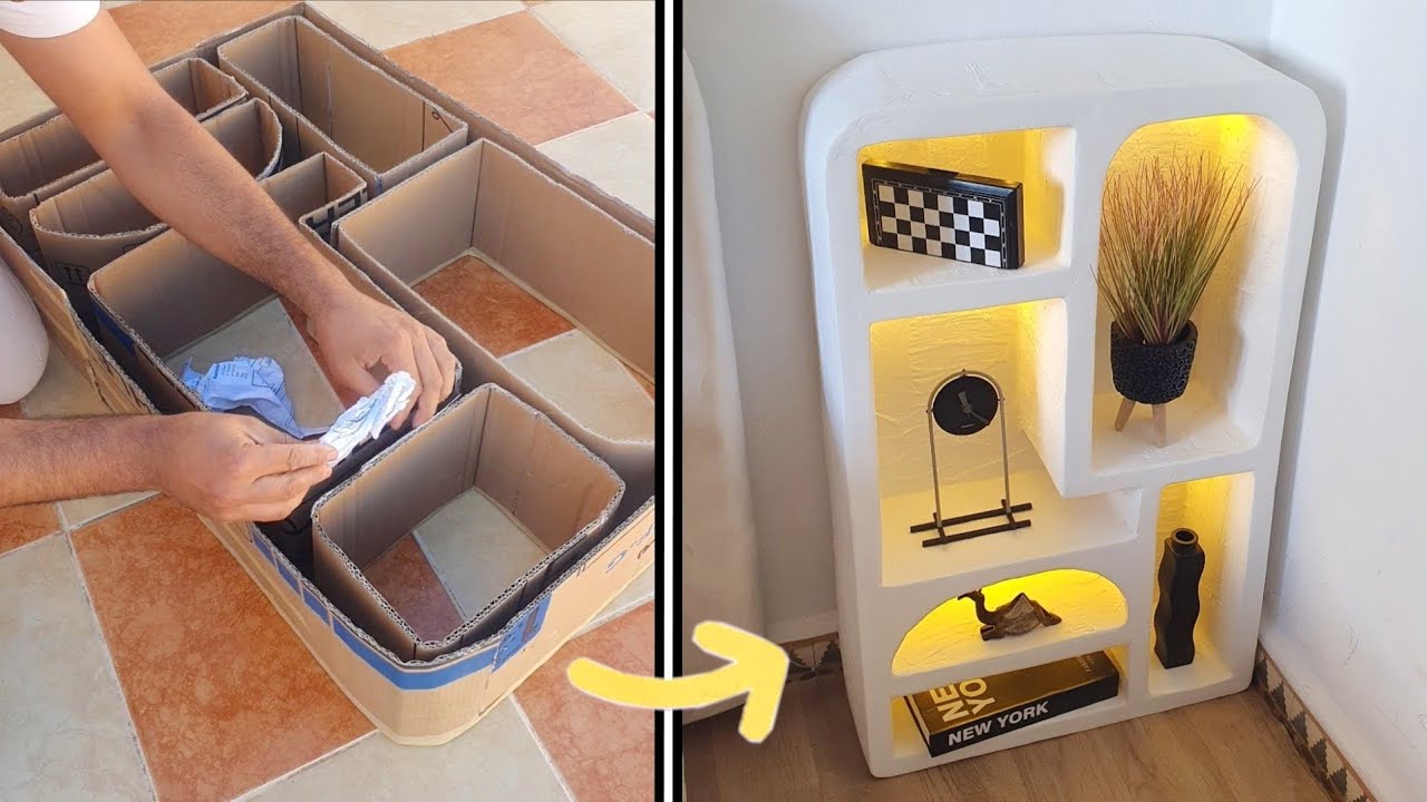 طريقة صنع خزانة من ورق الكرتون بأقل تكلفة /خزانة مضيأة إصنعها بنفسك من الكرتون .. diy cardboard