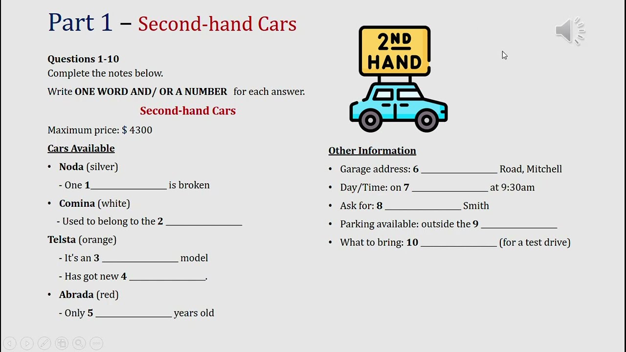 IELTS listening actual test Part 1: Second-hand car (answer+ transcript)