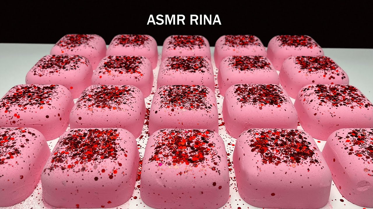 ASMR baking soda red glitter on soft pink pillows