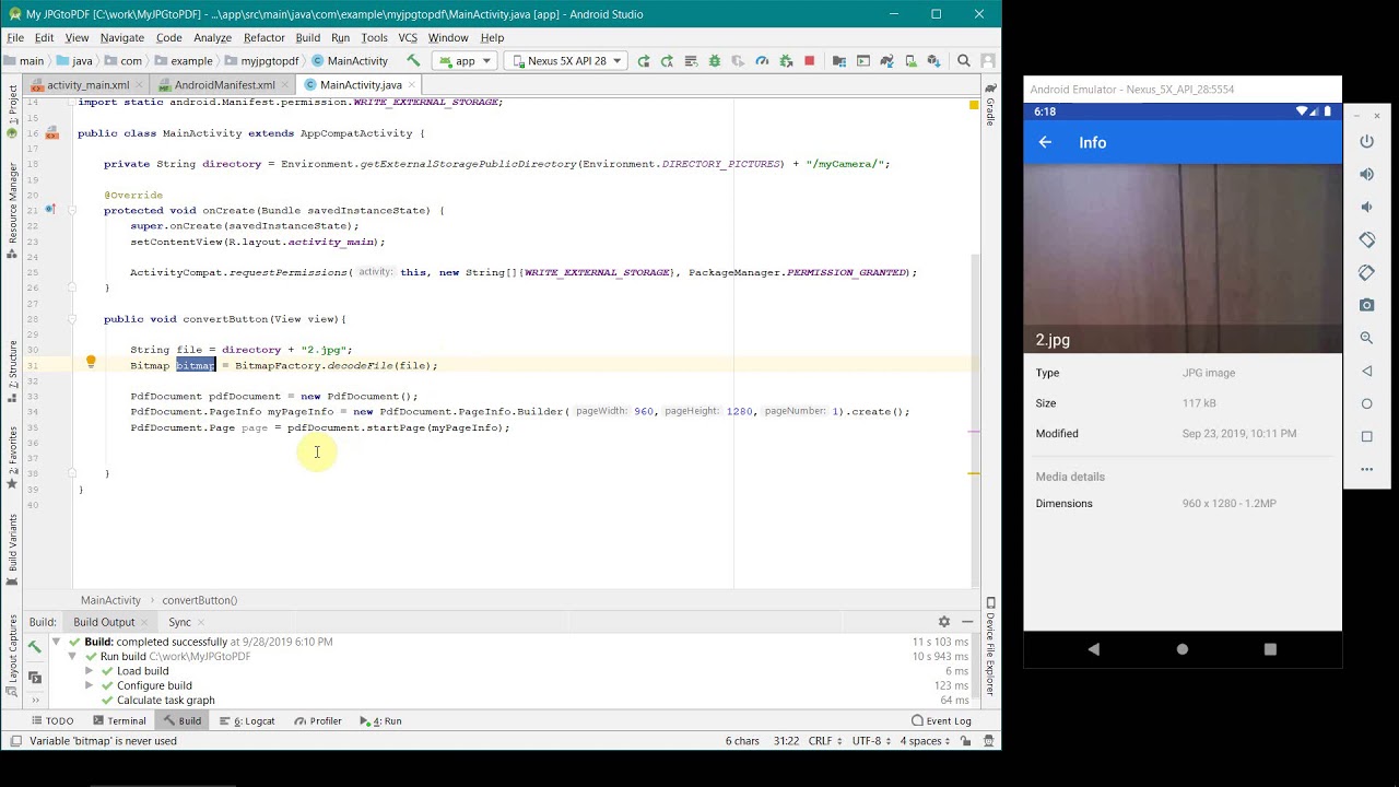How to convert JPG image file into PDF file in your Android App? - complete source code.
