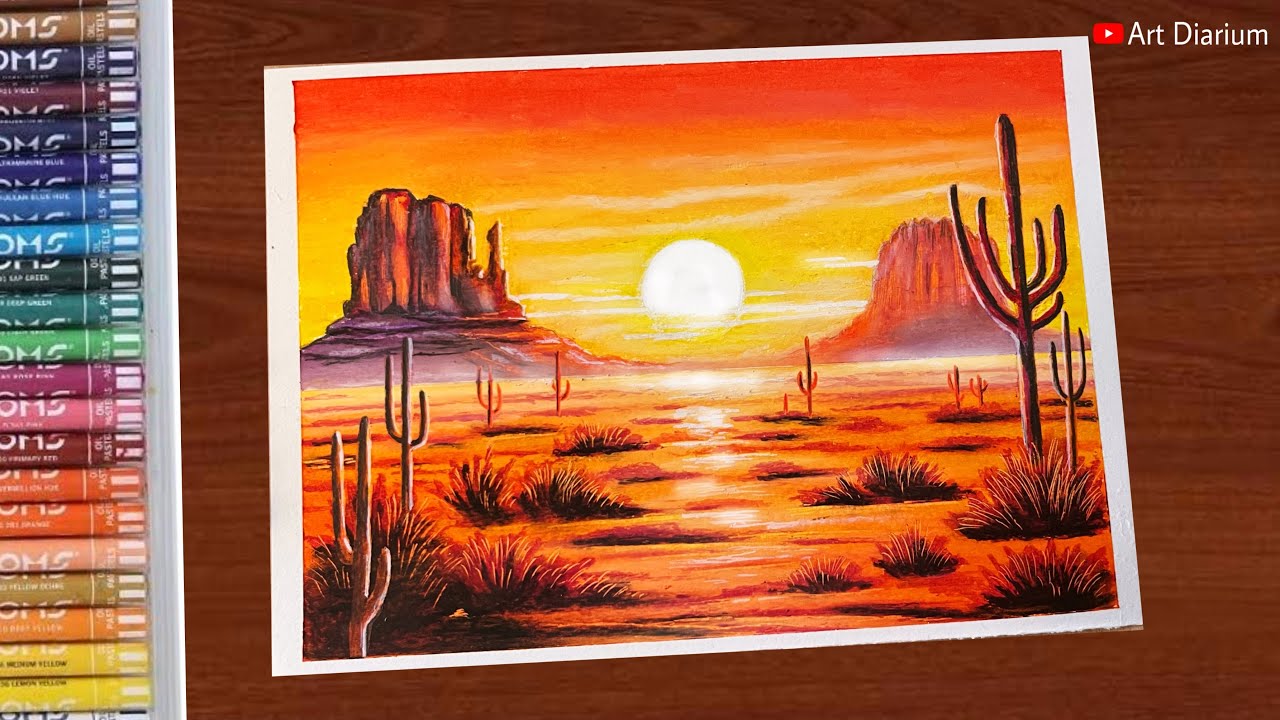Desert Scenery Drawing with Oil Pastels - for Beginners