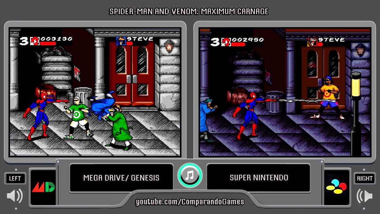 Maximum Carnage (Sega Genesis vs Snes) Side by Side Comparison