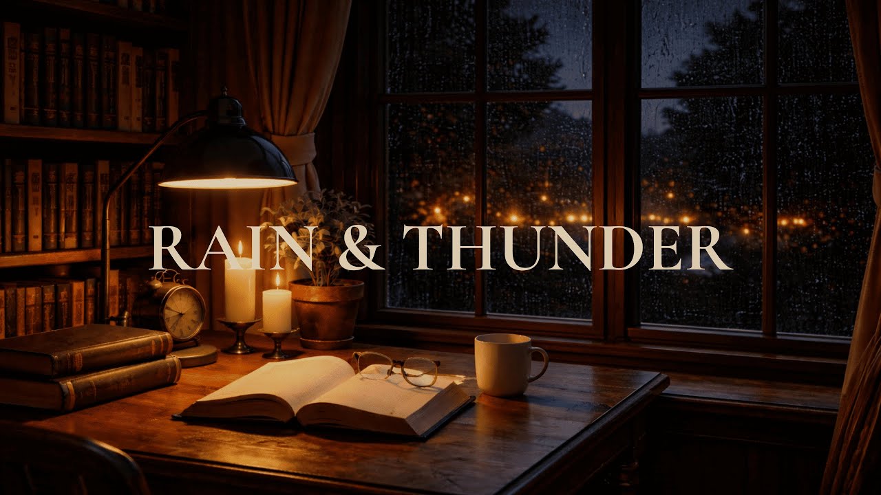 Night Rain with Distant Thunder | Cozy Library Ambience | 2.5 Hours
