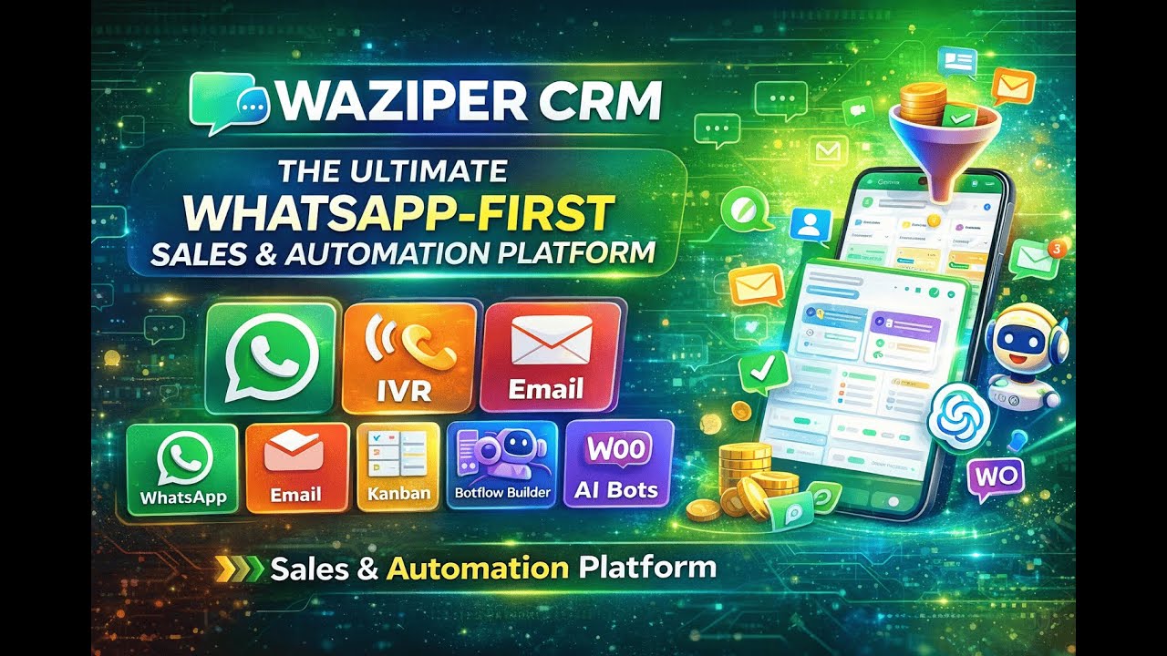 WAZIPER CRM – With Whatsapp, IVR, Email, CRM,  button temp, forms, botflow,  Live chat, Agents