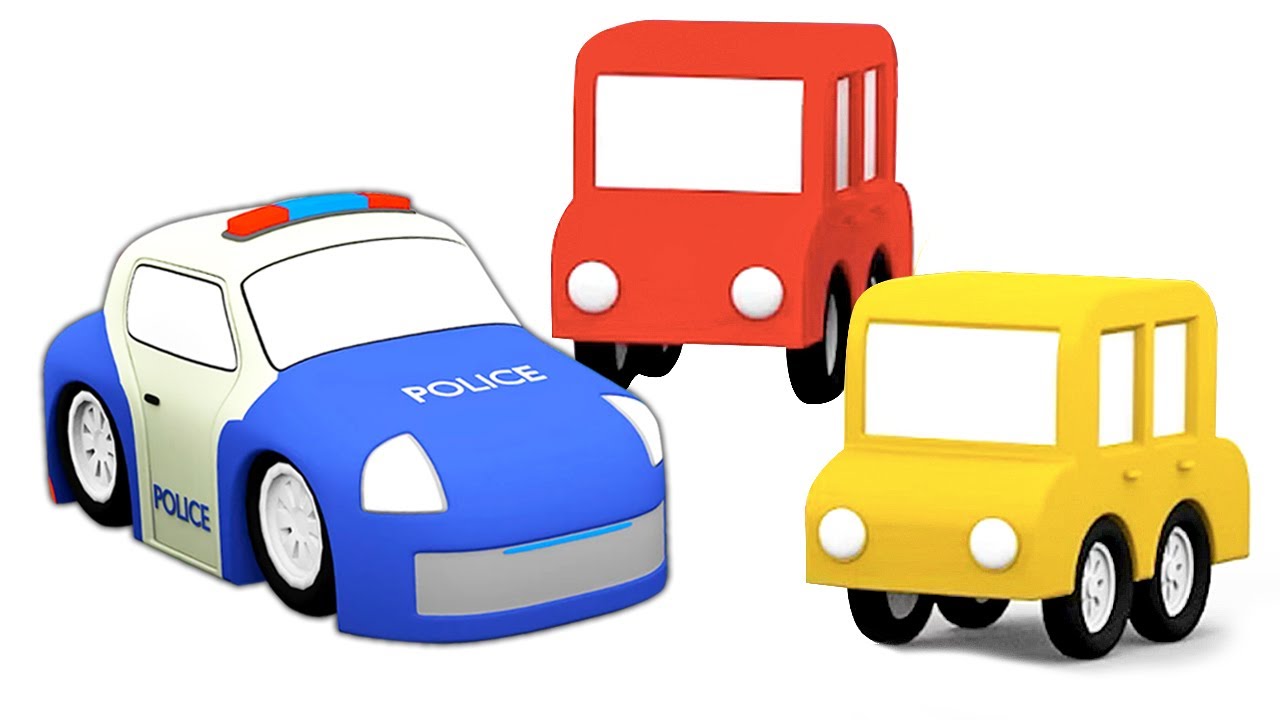Os quatro carros coloridos montam um carro de polícia! Desenho animado infantil de carrinhos