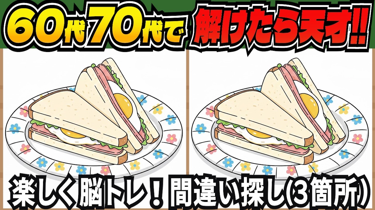【脳トレ間違い探しクイズ】全部分かったら天才！短時間で老化予防に！記憶力・集中力を鍛える無料の脳トレ！高齢者向けの間違い探しで目指せ脳年齢20代！DAY305【高齢者 頭の体操 難しい】