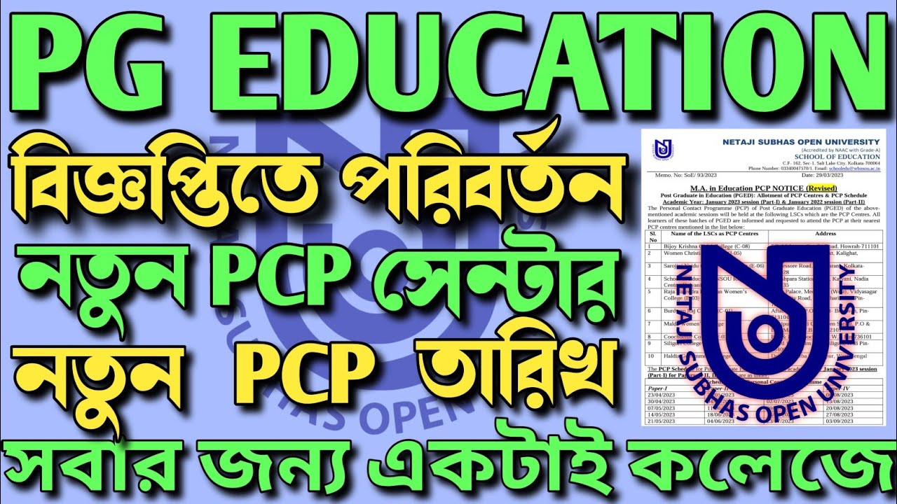 M.A. in Education PCP NOTICE (Revised) ll NSOU PGED Allotment of New PCP Centres & PCP Schedule