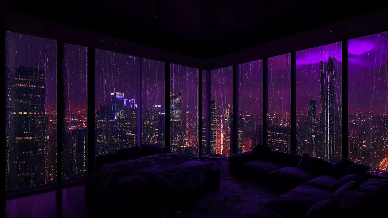 Luxury Apartment Rainy Night in NYC – Cozy Bedroom, Neon View & Soothing Rain Sounds