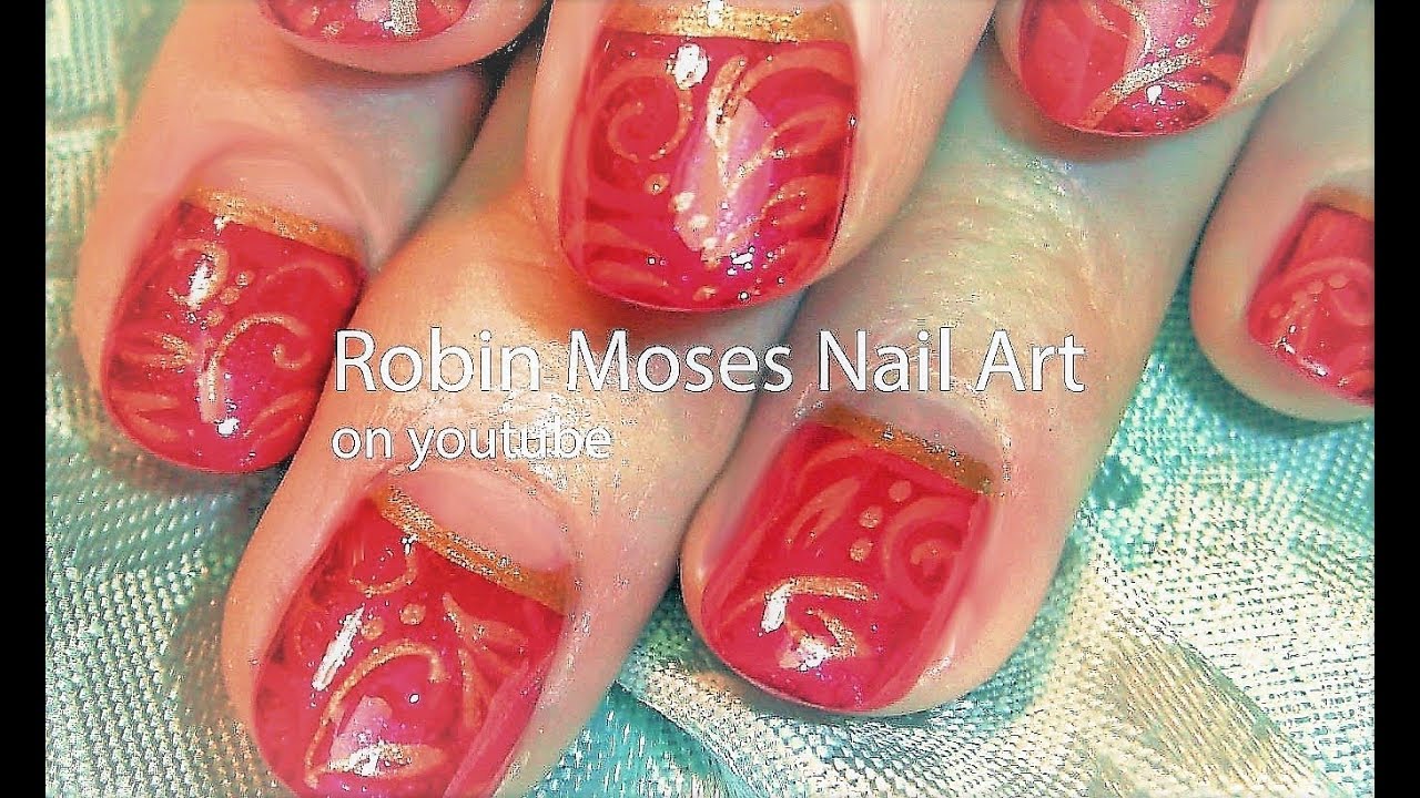 Hand Painted Reverse French Nail Art Design | Gold Filigree Nails