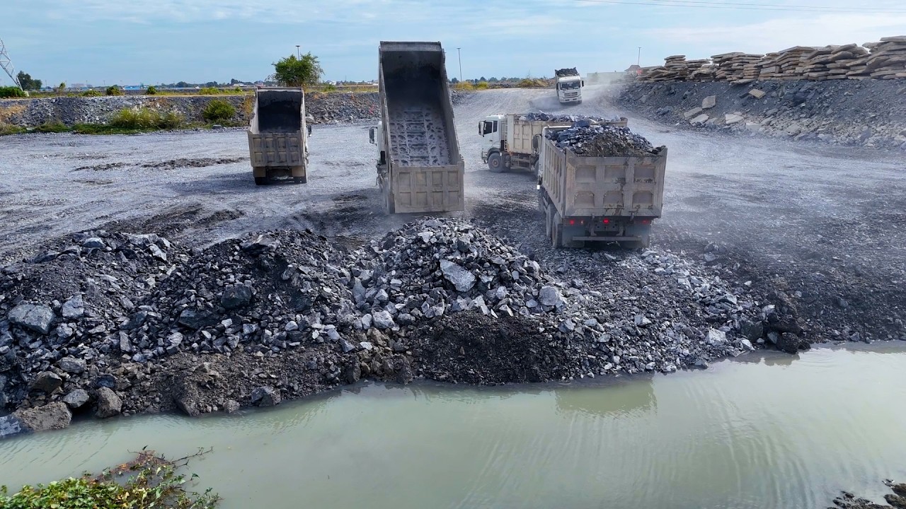 EP04,New project! Activity Contact DumpTruck 25TON Trasport Stone Filling Big Lake And BullDozer