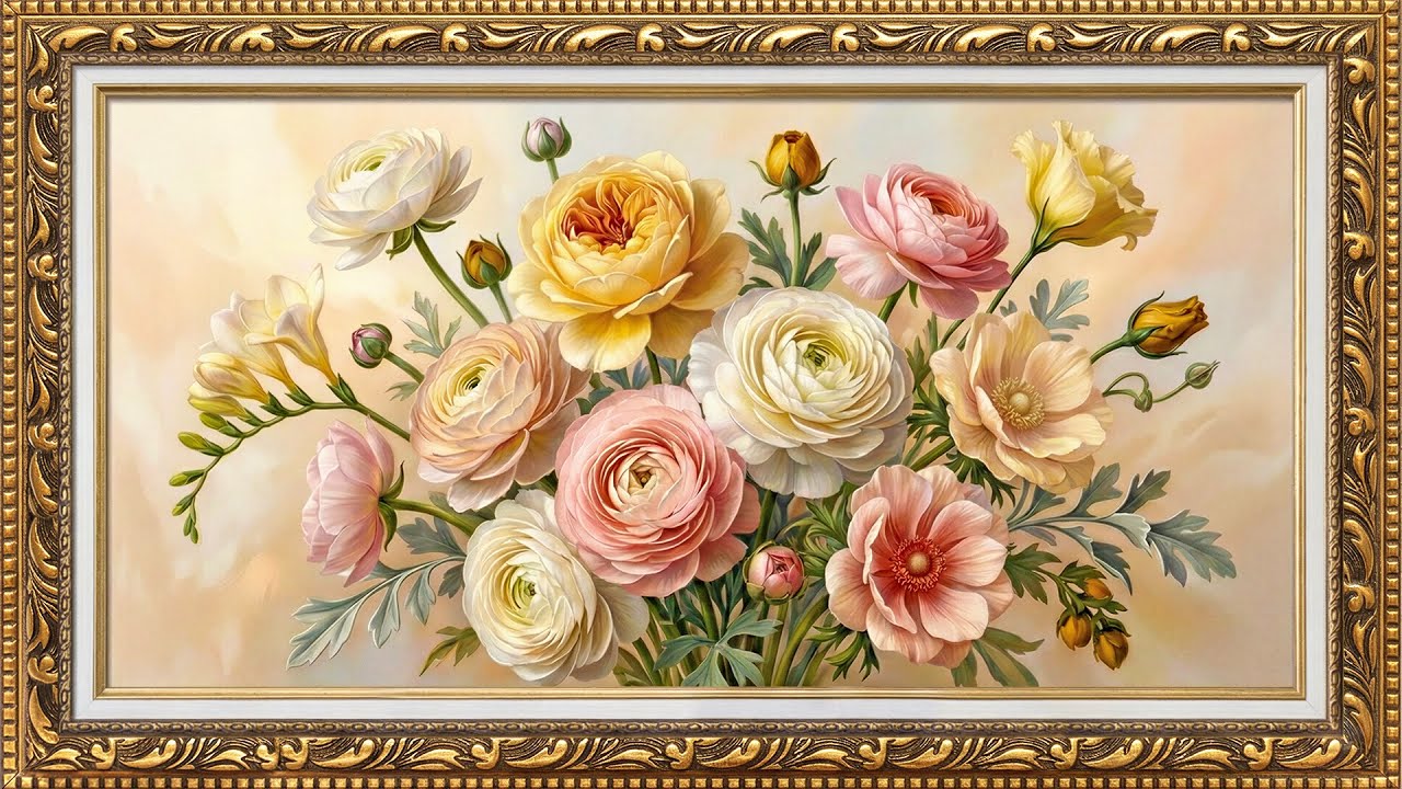 Romantic Pastel Flowers in a Golden Frame | 8 Hours of Relaxation Frame TV Art 4K