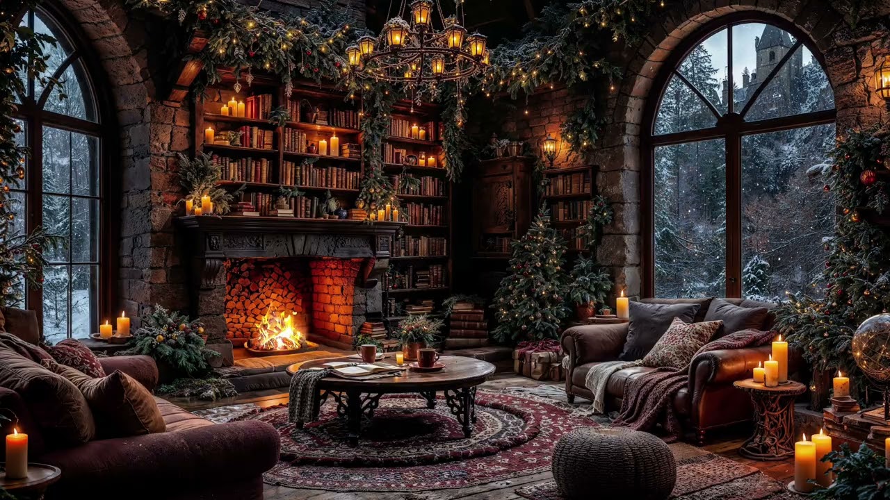 ✨ Magic Winter Library 🔥 Crackling Fireplace Ambience for Reading, Study & Relaxation ❄️