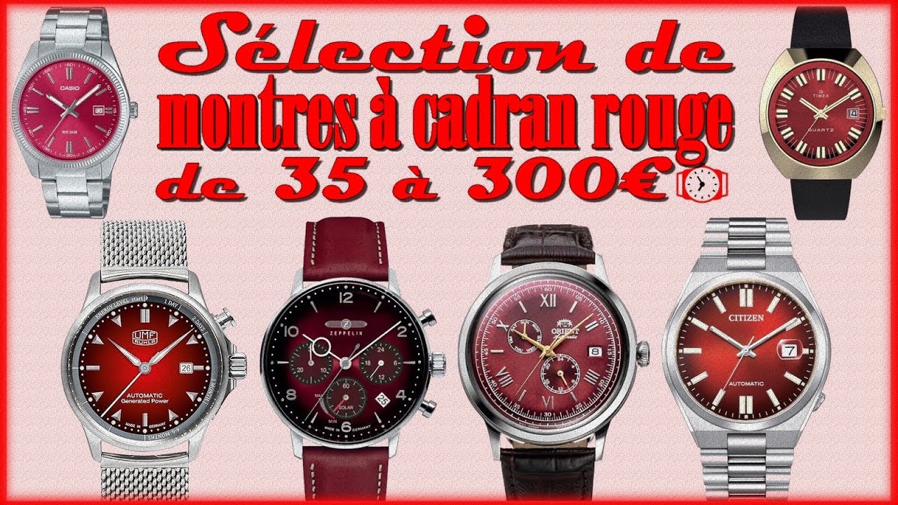 Montres à cadran rouge à moins de 300€ : Casio, Rulha, Zeppelin, Orient, Citizen, Timex et Tandorio.