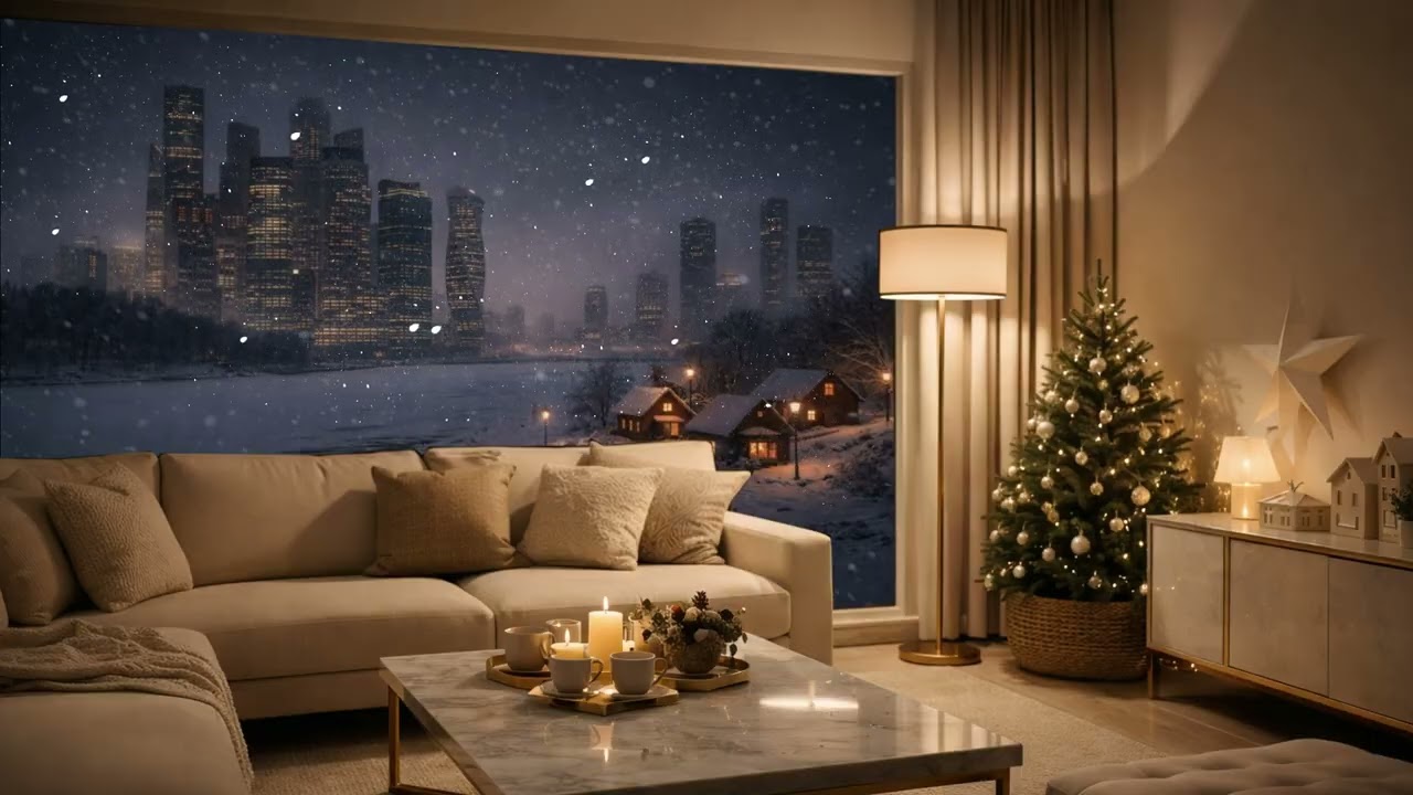 Midnight Window Piano — Cozy Winter Night City Snowfall | Calm Ambient Music for Study / Sleep