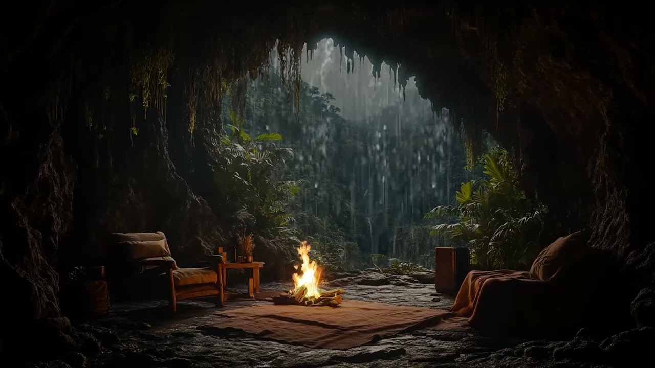 Hidden Forest Cave Ambience with Rain and Campfire Sounds for Deep Sleep and Relaxation