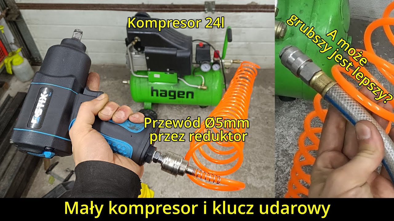 Mały kompresor 24l, przewód Ø5mm wpięty w reduktor i klucz udarowy. Czy to ma sens?