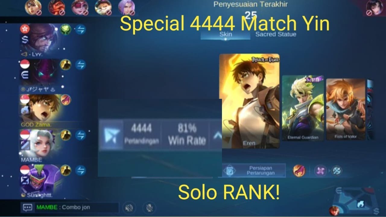 Special 4444 Match Yin!! Solo Rank Main Di Immortal 200 Pakai Rendah Kamera!!