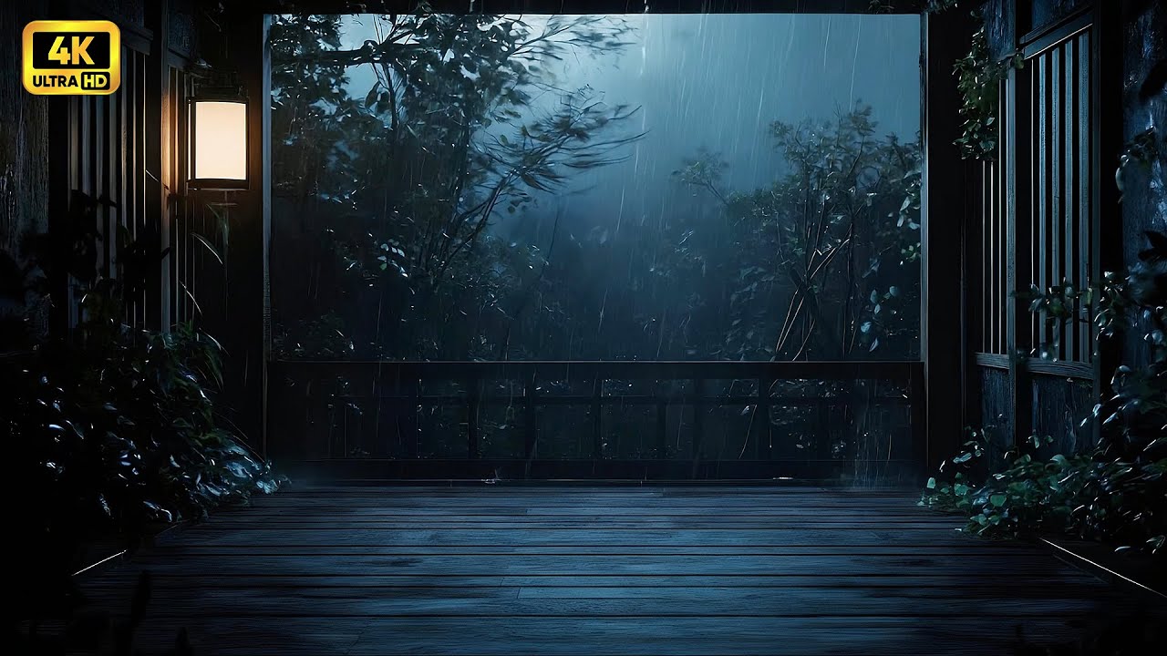 Stormy Night on a Wooden Porch | Rain & Thunder Sounds for Deep Sleep | 4 Hours | 4K Ultra HD