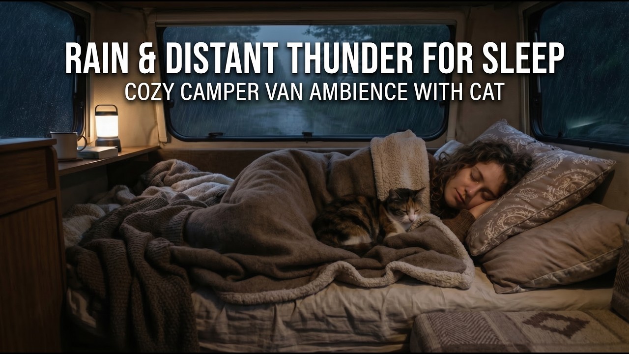 Rain & Distant Thunder for Sleep | Cozy Camper Van Ambience with Cat