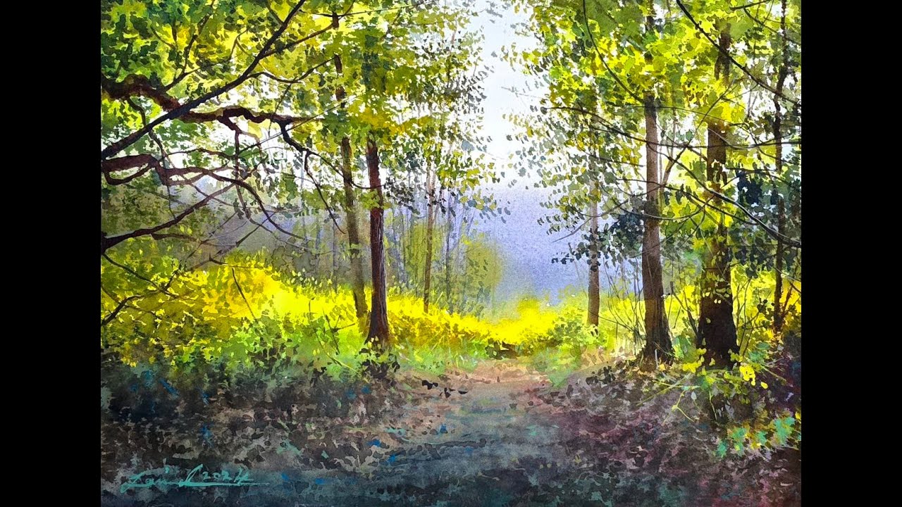 Watercolor Landscape Painting Light in the Forest