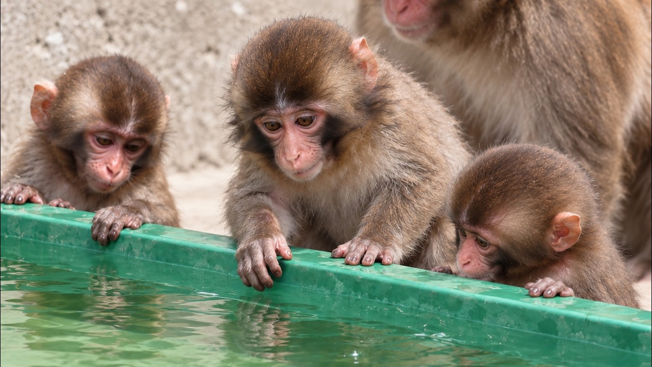 Обезьянка Punch и малыши хотят в воду, но никто не решается 🐒❤️